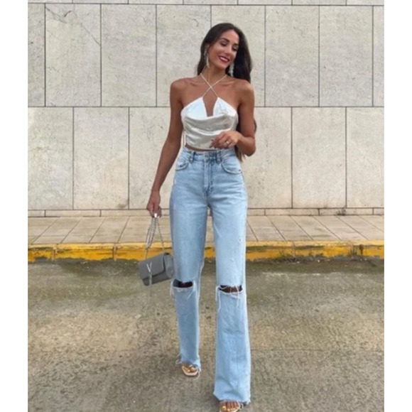 Zara Denim - Zara Light Wash Wide Leg Distressed Jeans